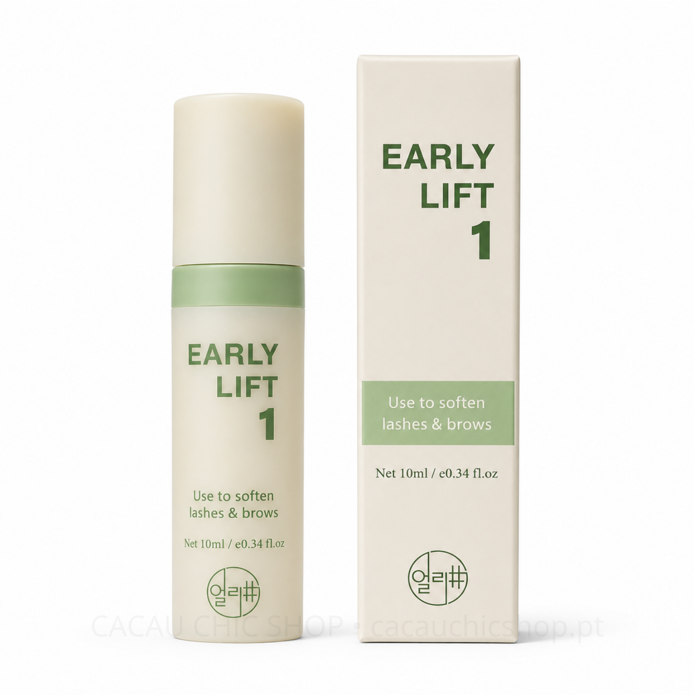 Early Lift Step 1 10ml - Korean Lash Lift Coreano - Early Shop Frasco e embalagem de cosmético EARLY LIFT 1 com detalhes em verde e bege