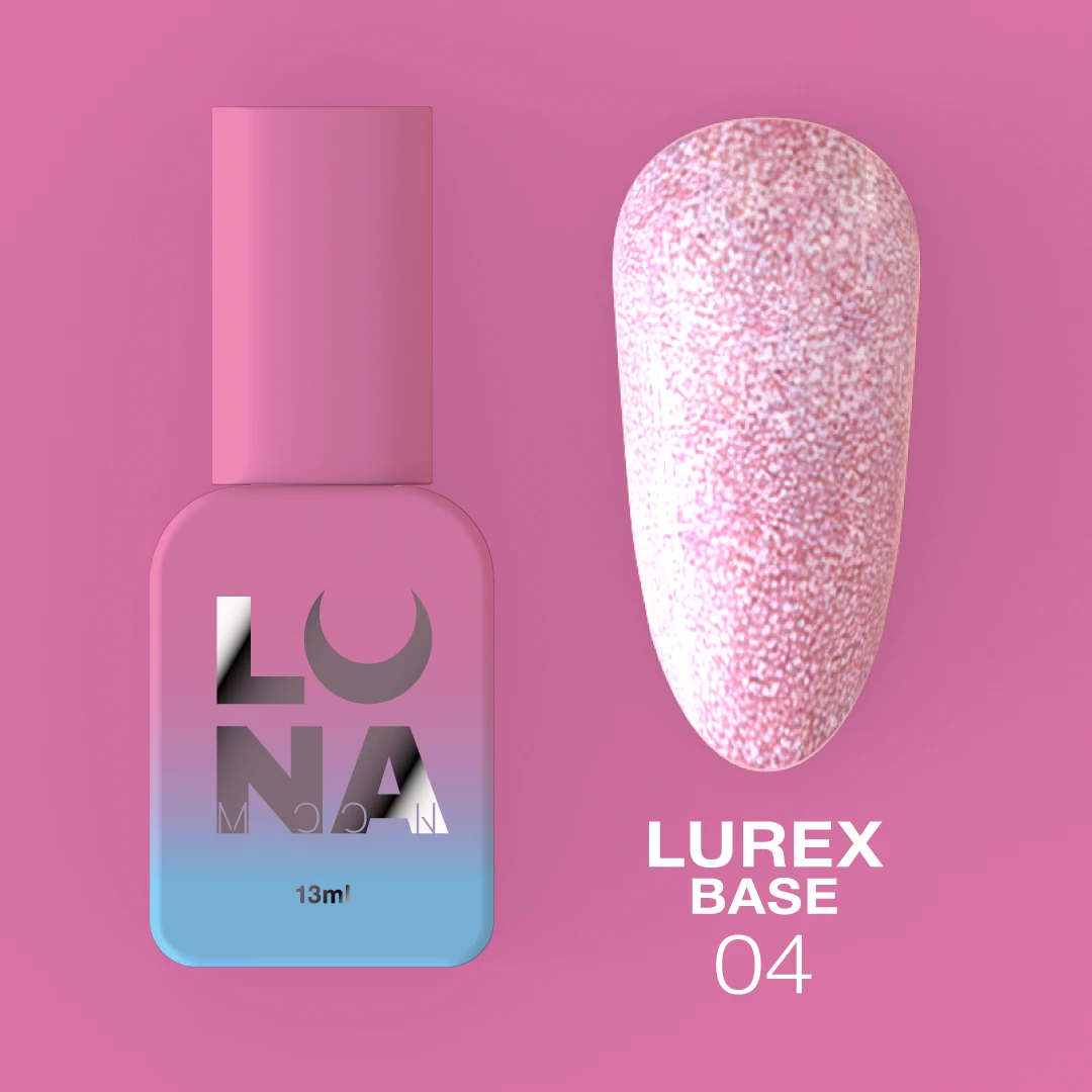 Lurex Base Pink Nº4 – Base Camuflagem Rosa com Glitter – 13 ml LUNAmoon Esmalte de unhas LUNA 13ml e amostra de cor rosa texturizada com texto LUREX BASE 04 em fundo rosa