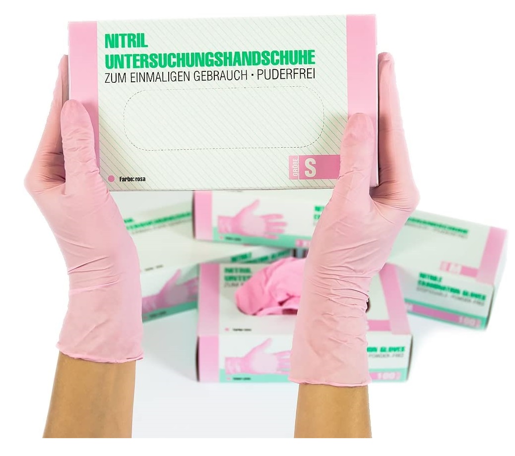 🌸 Luvas Rosa Claro Nitrilo 100und S Caixa de luvas de nitrilo rosa tamanho pequeno e mãos com luvas
