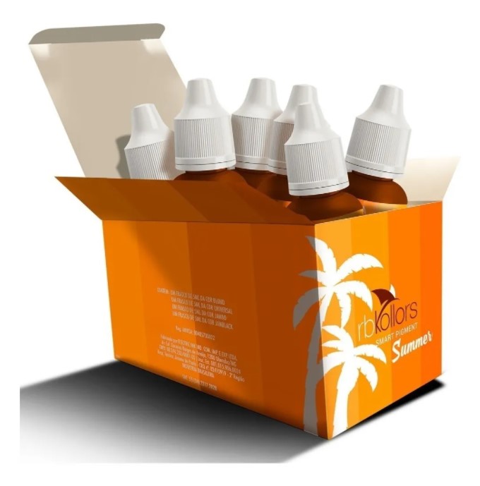 Kit Summer Pigmentos RBKollors 6 Cores - PRÉ-VENDA📍 caixa laranja com cinco frascos pequenos de tampa branca, com desenho de palmeiras e texto rb Kollors Summer
