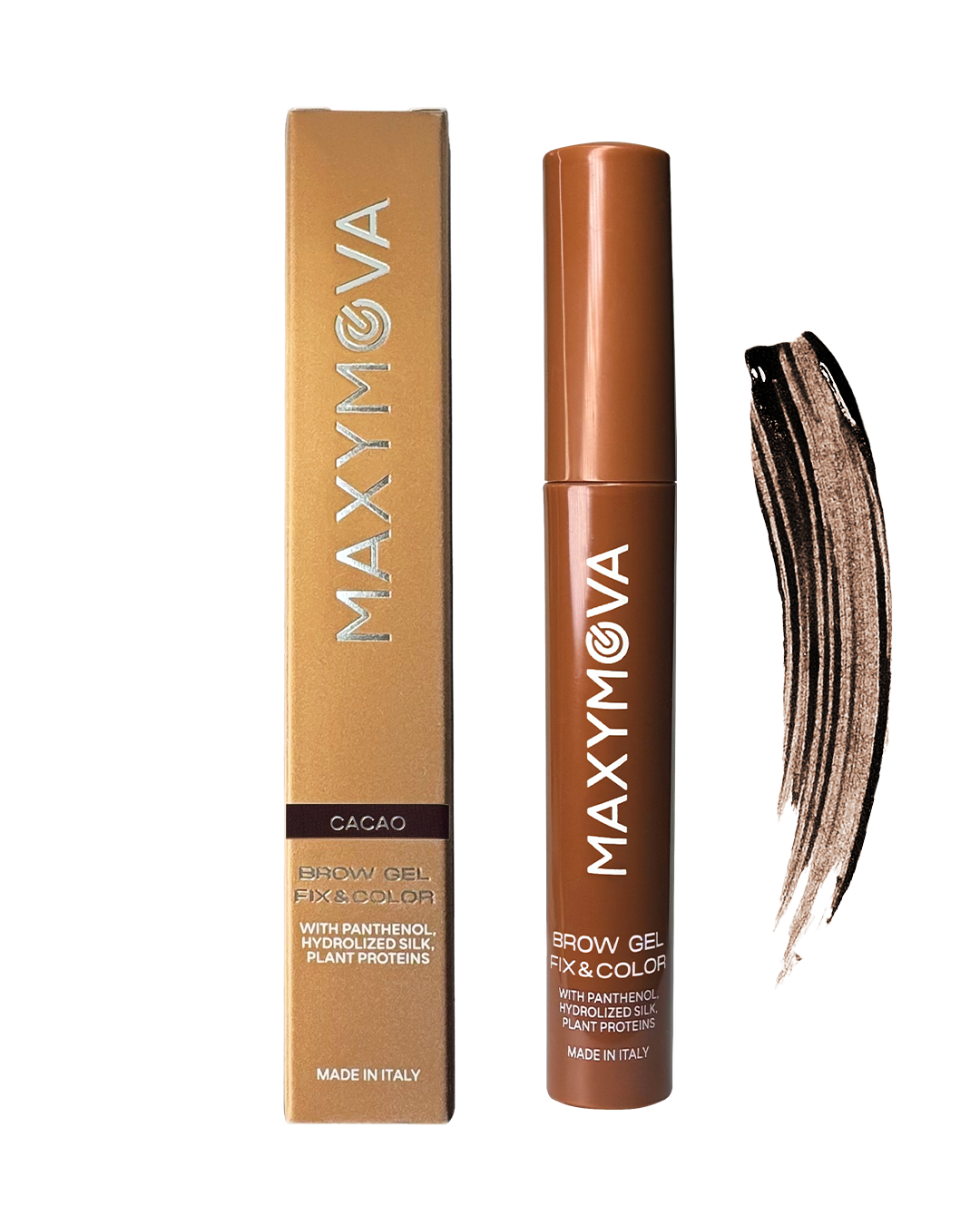 Maxymova Brow Gel Fix & Color, Gel Cacao Gel para sobrancelhas Maxymova cor Cacao com embalagem dourada e tubo castanho