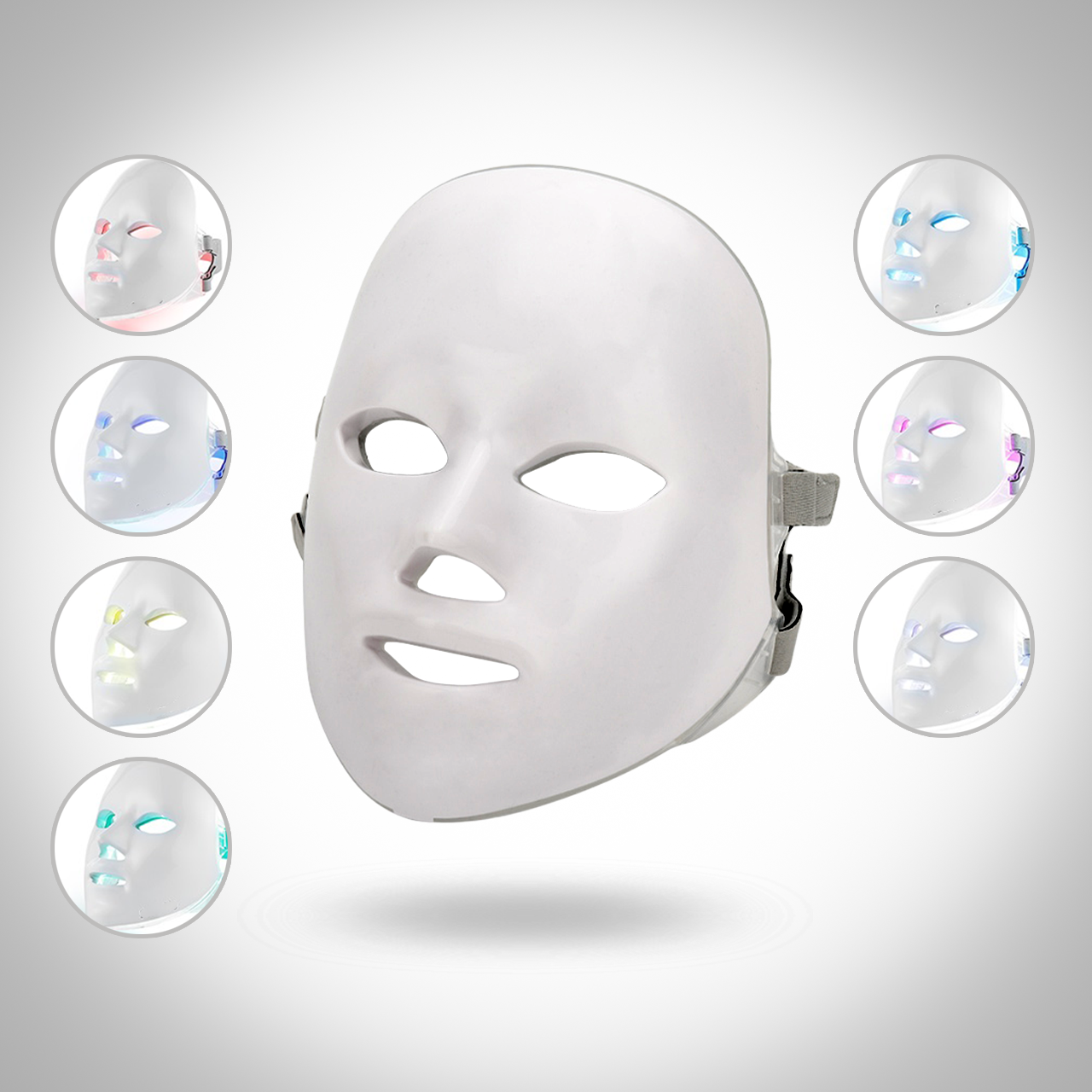 Máscara Led 7 Cores Fototerapia Máscara facial branca plástica com várias cores de iluminação em fundo branco