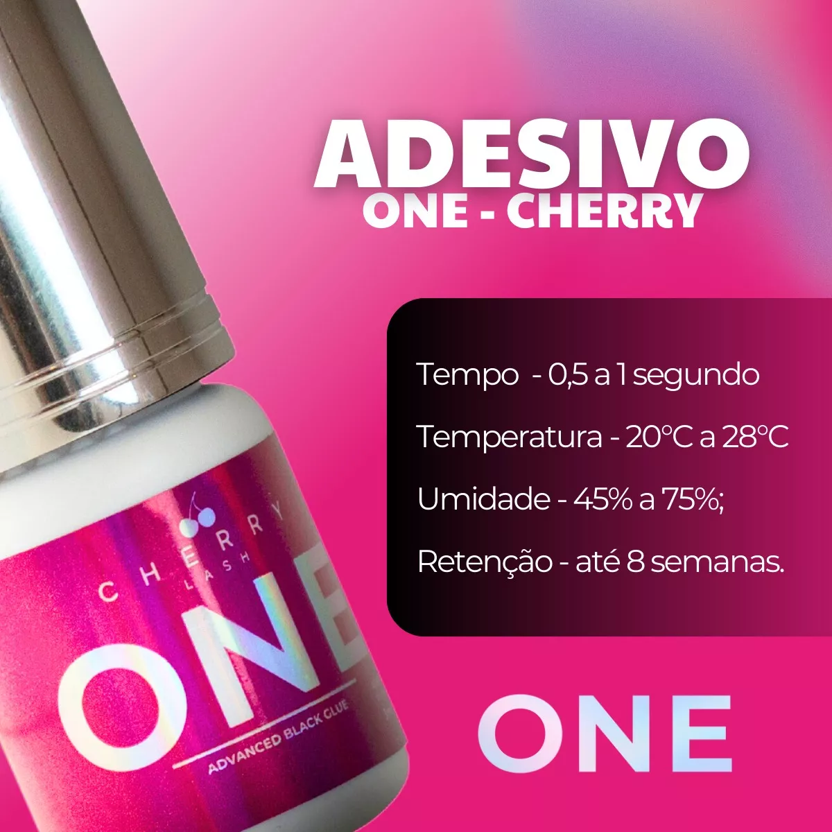 Cola Cherry One Frasco de adesivo para unhas rosa com tampa prateada e informações técnicas ao lado.