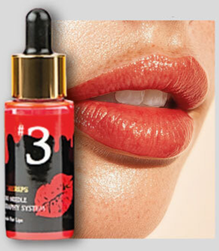 Stayve Cherips Lip Tint PRO para BB Lips, Hidragloss e Efeito de Cor nos Lábios Frasco de líquido vermelho com rótulo e boca feminina com lábios pintados