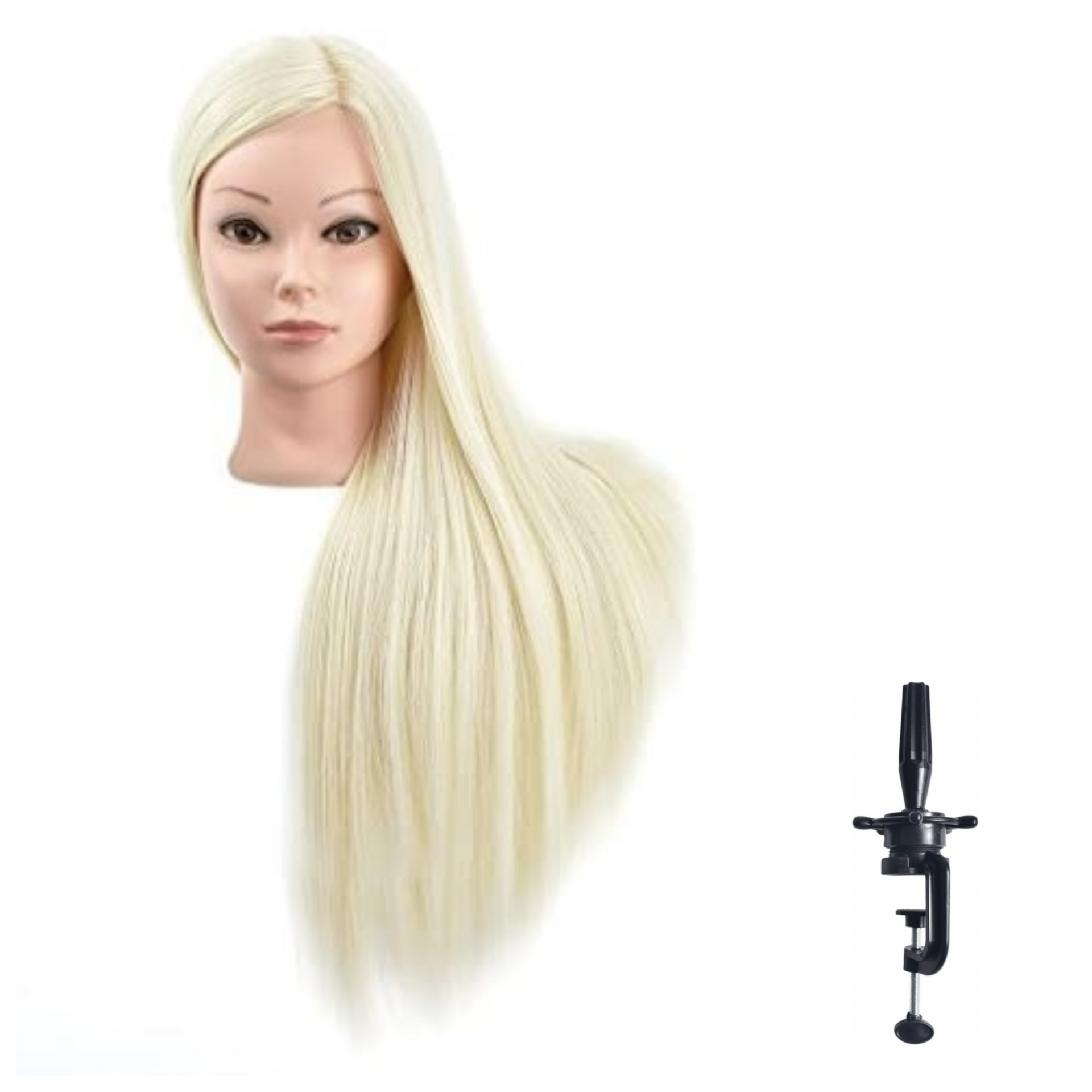 Cabeça de Treino Loiro Sintético 69Cm + Suporte Cabeça de manequim com cabelo louro e suporte preto.