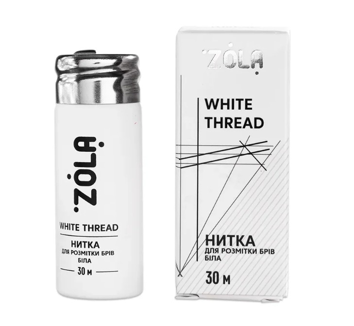ZOLA Marking Thread 30 m White - Linha de Marcação Frasco e caixa do produto ZÓLA White Thread com texto e linhas pretas sobre fundo branco