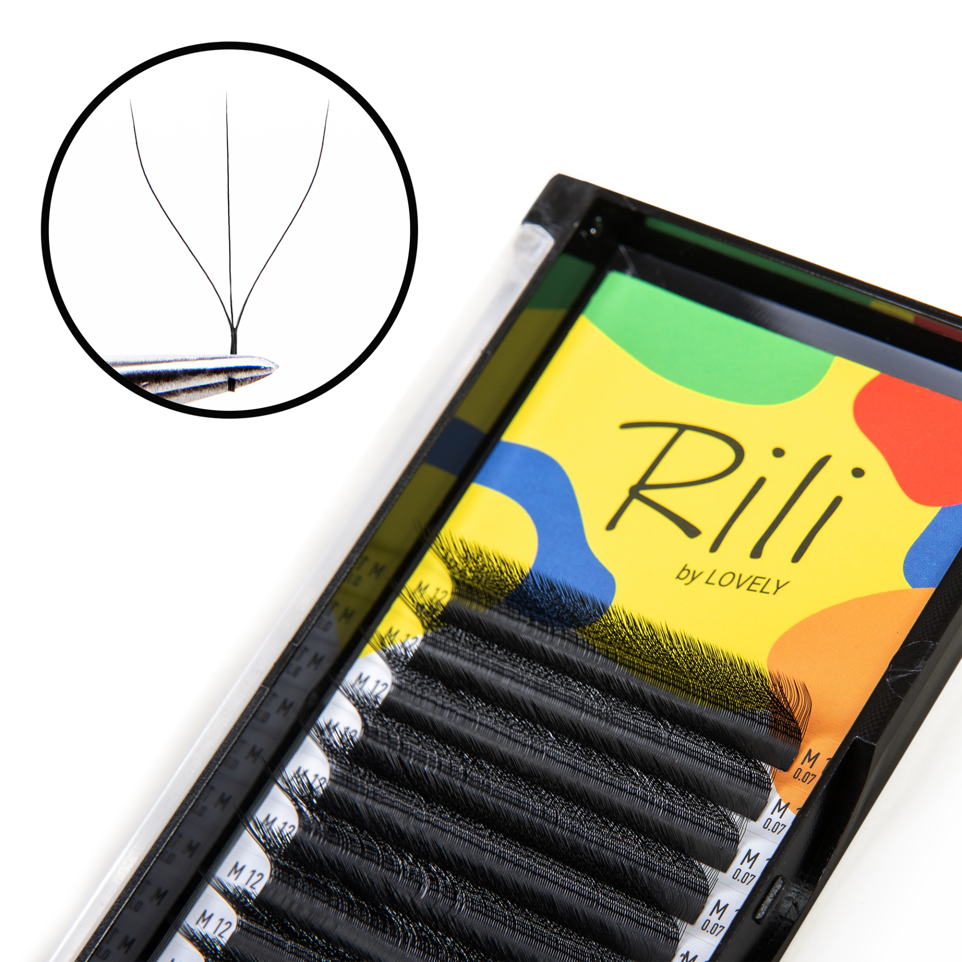 Rili Fan W-3D Mix M 0.07 8-15mm - Fans 12 Linhas para Pestanas Pestanas postiços em caixa com cartão colorido e ampliação de pinças com pestanas