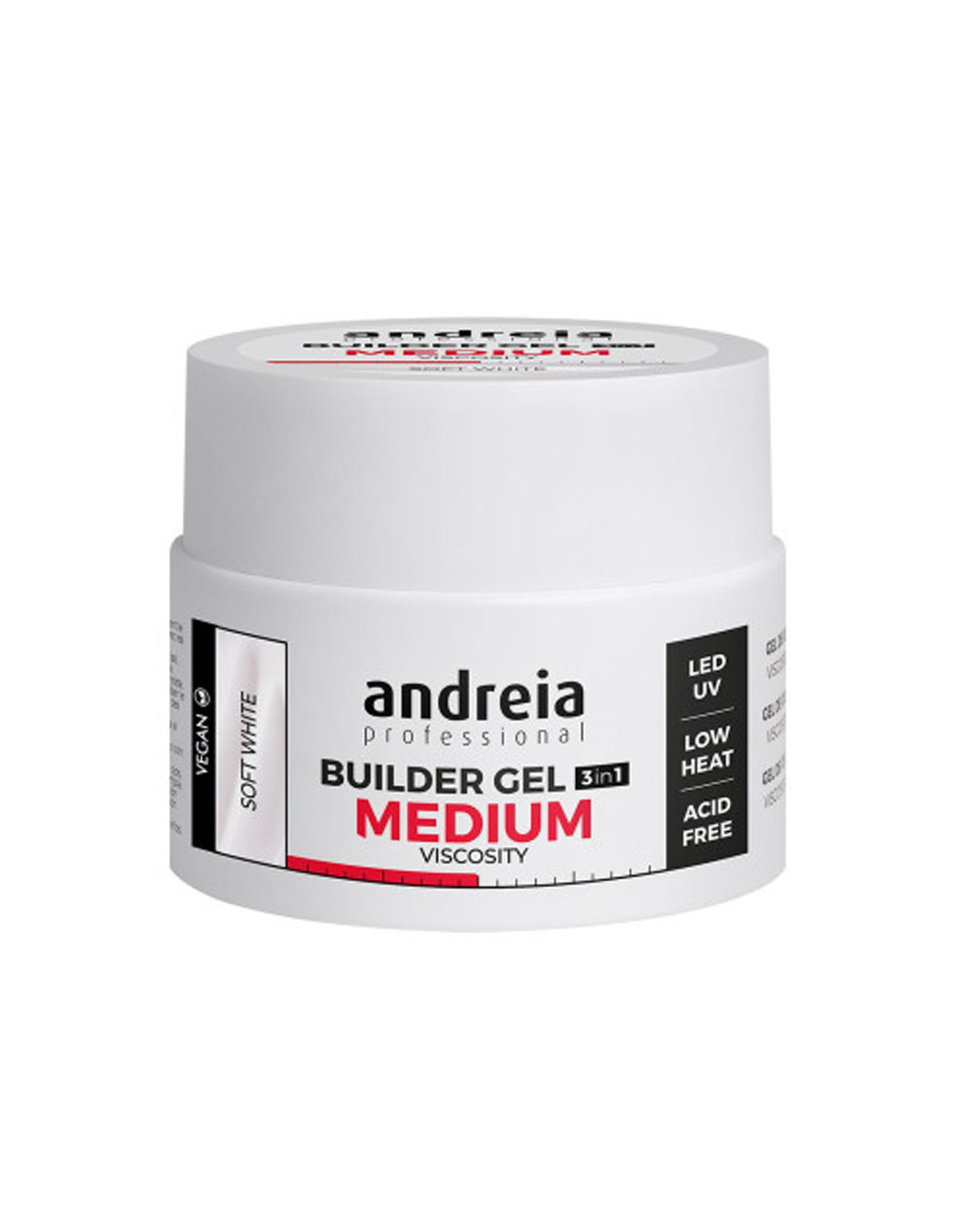 Andreia Builder Gel 3 IN 1 Soft White - Média Viscosidade 44g Frasco branco de gel construtor andreia professional com etiqueta e texto