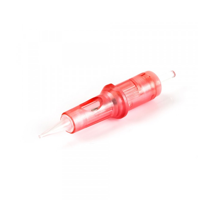 Cartuchos Easy Click 18mm/3RSPT-T 20 und Optima Agulha de tatuagem vermelha com ponta fina em fundo branco