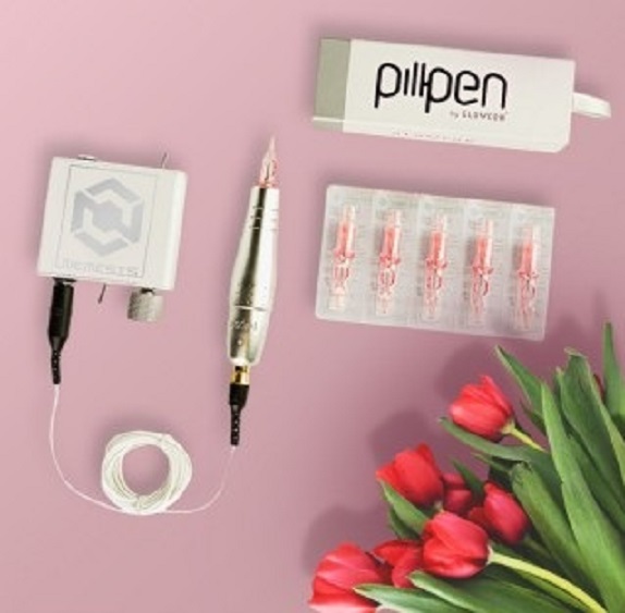 Kit PILL Dermógrafo + Fonte + 20 Agulhas Equipamento branco e prateado para microblading com tulipas vermelhas