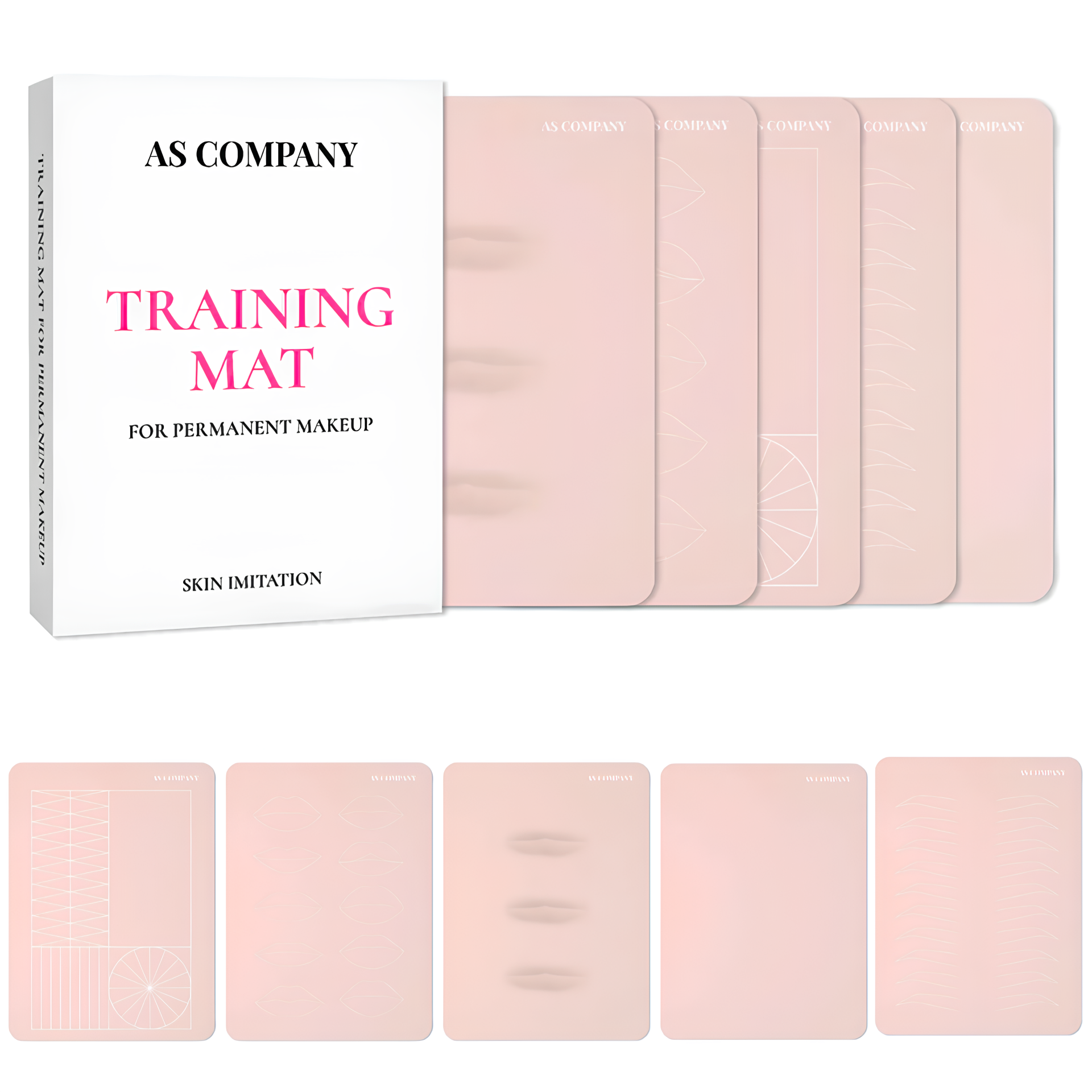 Kit Latex Cyber Skin - Pele de Treino (Mix) – AS Company Kit AS COMPANY Training Mat para maquilhagem semi-permanente com várias placas de treino em rosa claro e caixa branca.