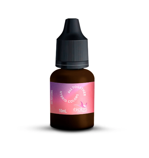 Nubae Pigmento Híbrido All Together 10ml - RBKollors Frasco pequeno de vidro com tampa preta e etiqueta rosa com texto branco