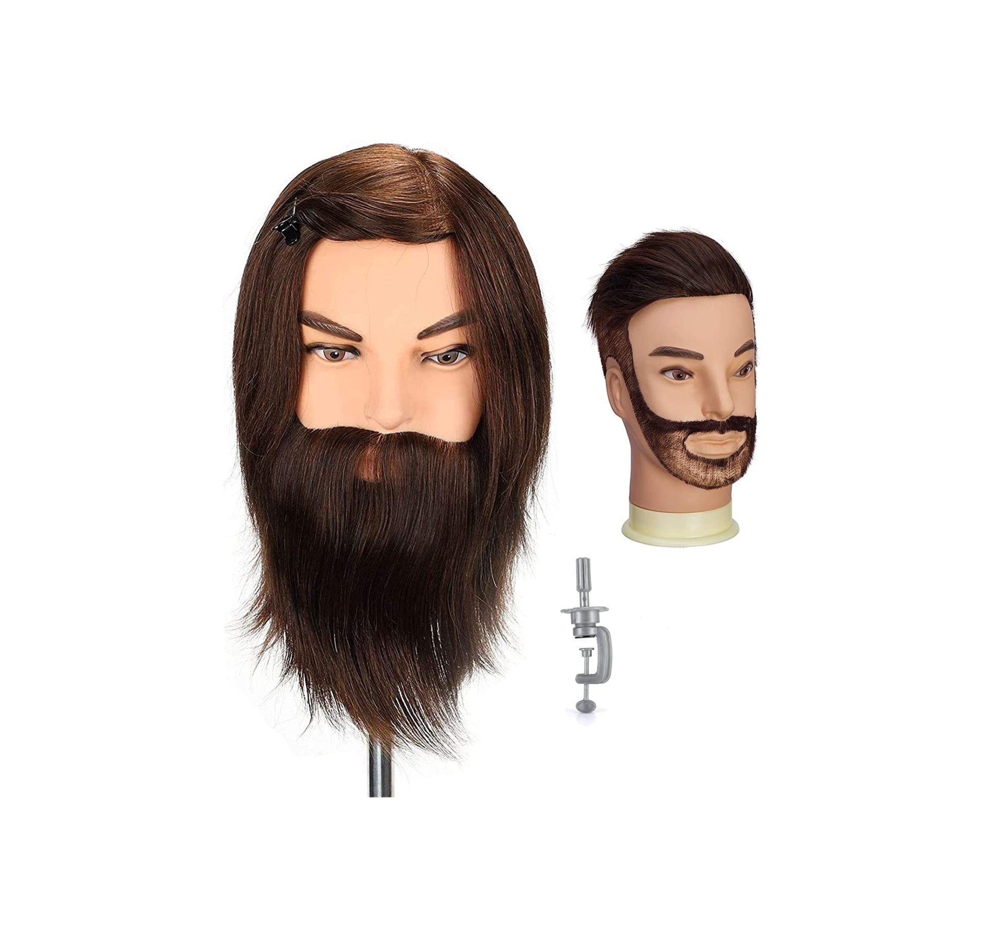 Cabeça de Treino Masculino Cabeleireiro e Barbeiro 100% Cabelo Humano Dois manequins de treino para barbearia com cabelo e barba sintética