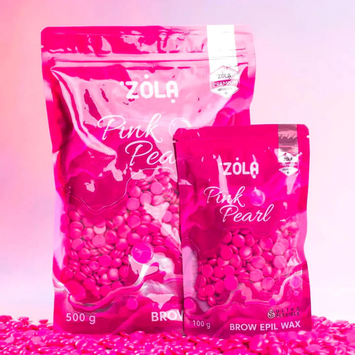ZOLA Pink Brow Epil Wax 500 g - Depilação de Sobrancelhas Embalagens cor-de-rosa de cera para depilação ZOLA Pink Pearl com esferas cor-de-rosa