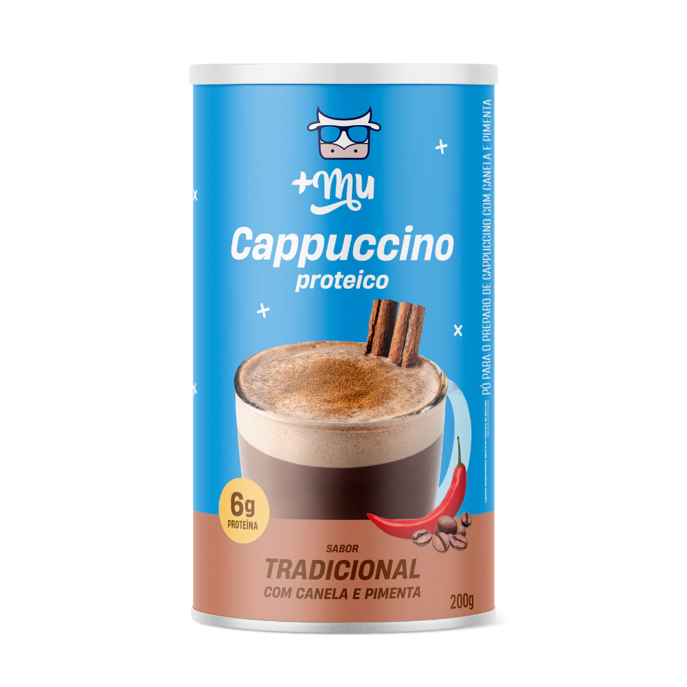 Cappuccino +Mu (com Whey, Canela e Pimenta) - 200g - PRÉ-VENDA📍 Lata azul e castanha de cappuccino proteico com canela e pimenta