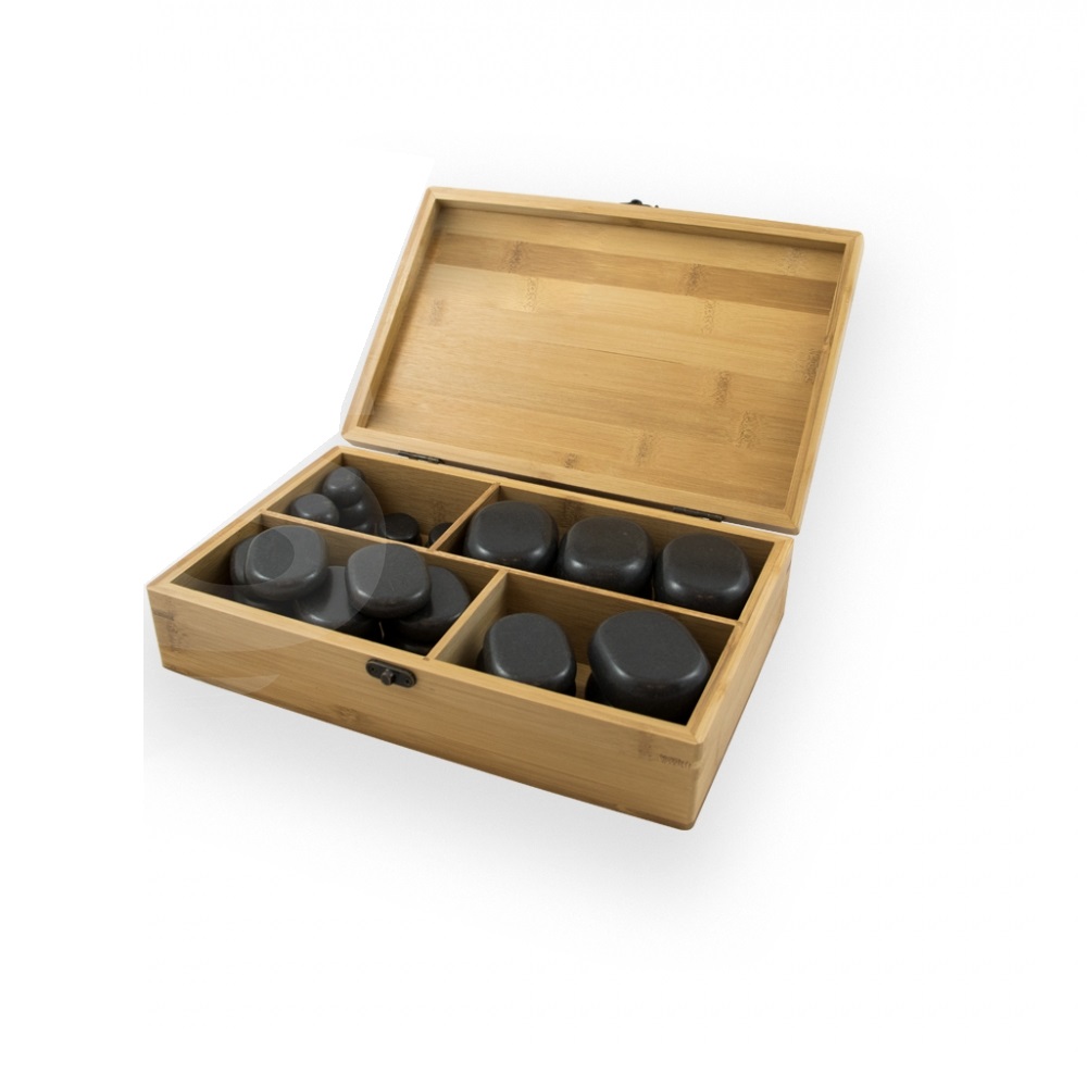 Kit 36 Pedras Basalto - Pedras Quentes Conjunto de pedras pretas para massagem em caixa de madeira aberta