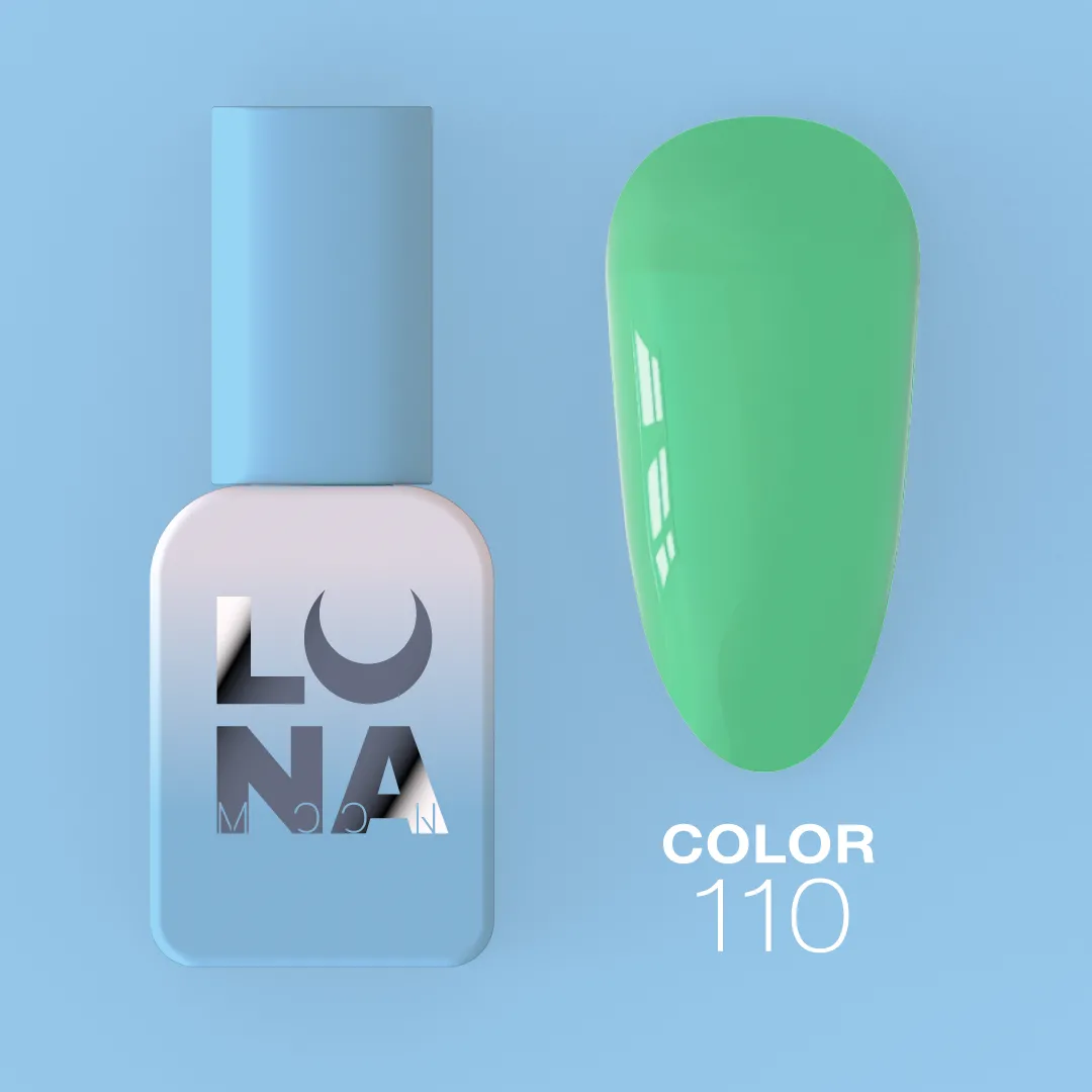 Verniz Gel – Gel Polish Nº110 Green – 13 ml LUNAmoon Frasco de verniz azul claro com marca LUNA e amostra de cor verde