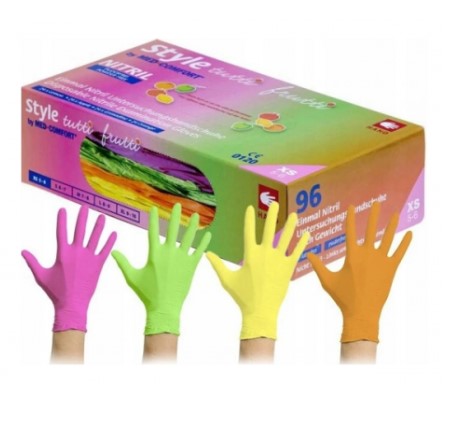 🌸 Luvas Coloridas Nitrilo 96und S, M Caixa colorida de luvas látex Style tutti frutti com quatro luvas coloridas exibidas em mãos