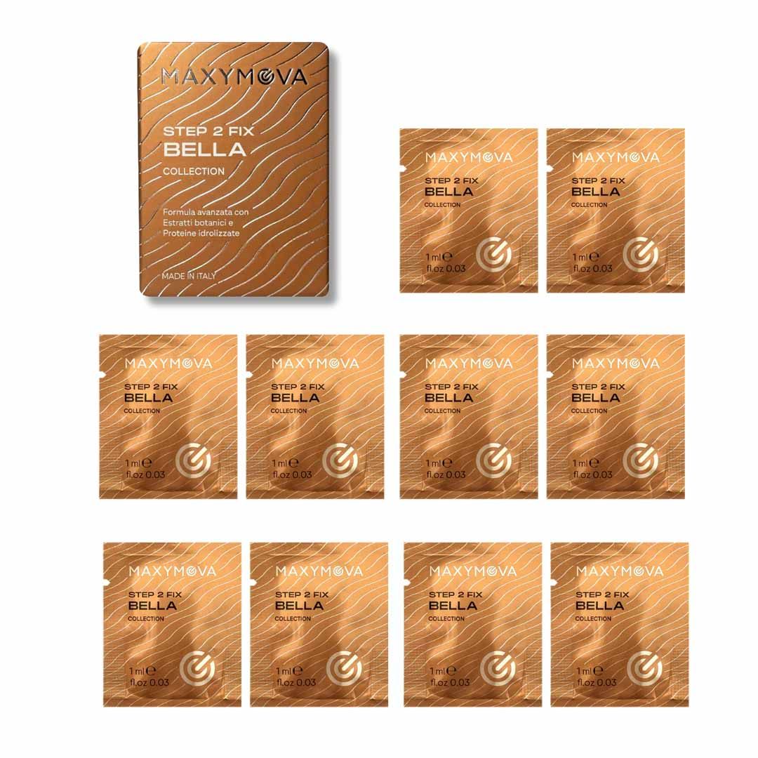 Maxymova Step 2 Fix Bella Sachets 10x1 ml Embalagem e sachês bronze com texto Step 2 Fix Bella Maxymova