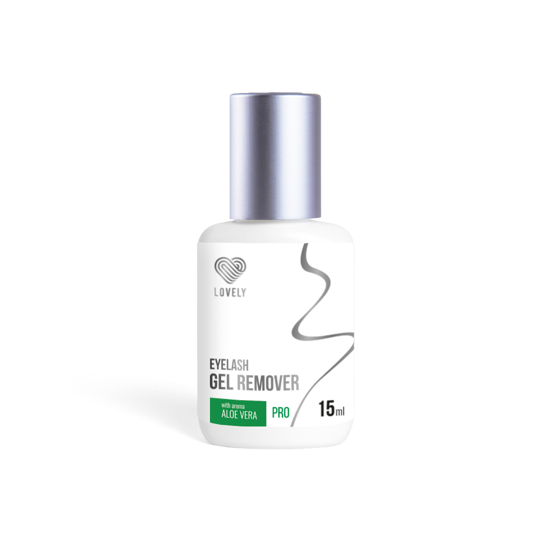 Removedor de Pestanas em Gel Aloe 15ml - Lovely Frasco branco com tampa prateada e rótulo branco com texto e ilustração preta