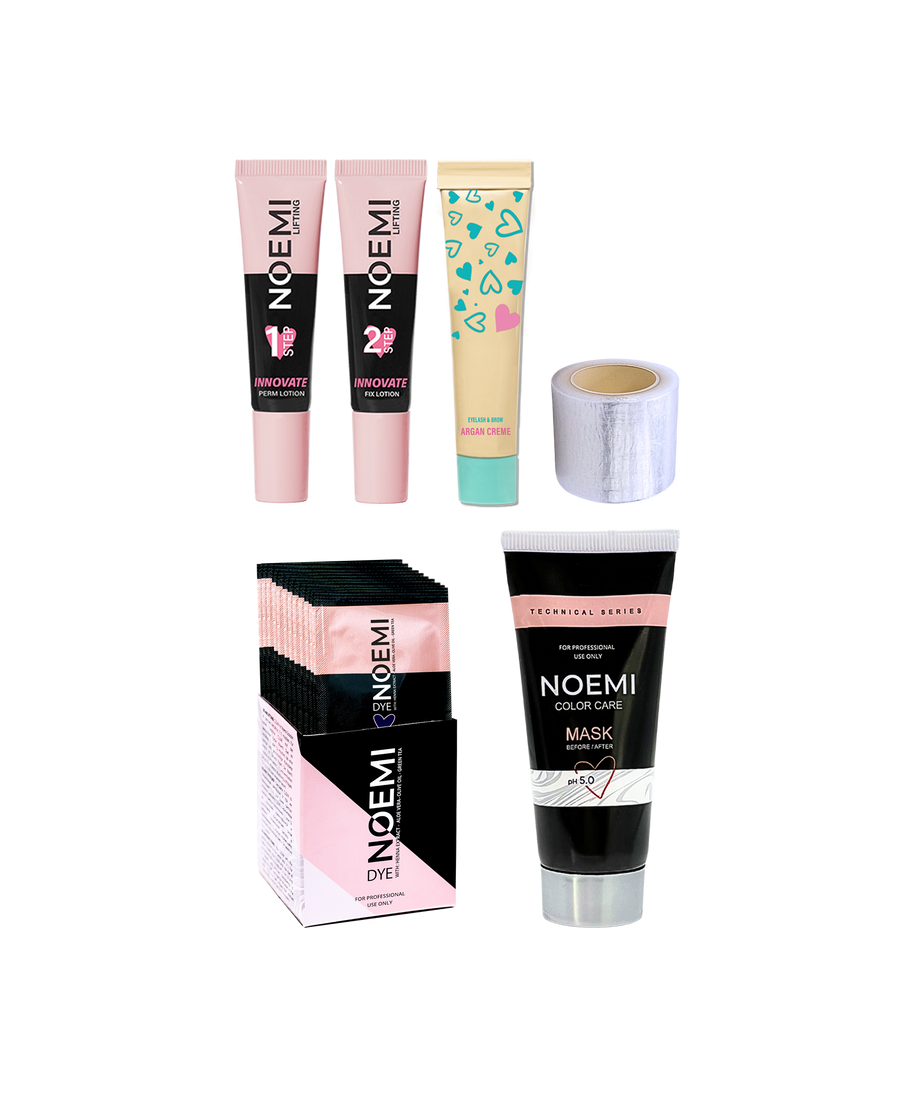 Noemi Lifting Set Bestseller - Kit Lash Lifting com Cores Conjunto cosmético NOEMI com perm lotion, fix lotion, argan creme, fita, sachês de dye e máscara color care