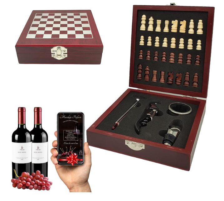 🎁Kit Vinho e Xadrez com Guia de Combinação Perfeita Conjunto de xadrez em caixa de madeira, acessórios para vinho, duas garrafas de vinho tinto, uvas e caixa de chocolates