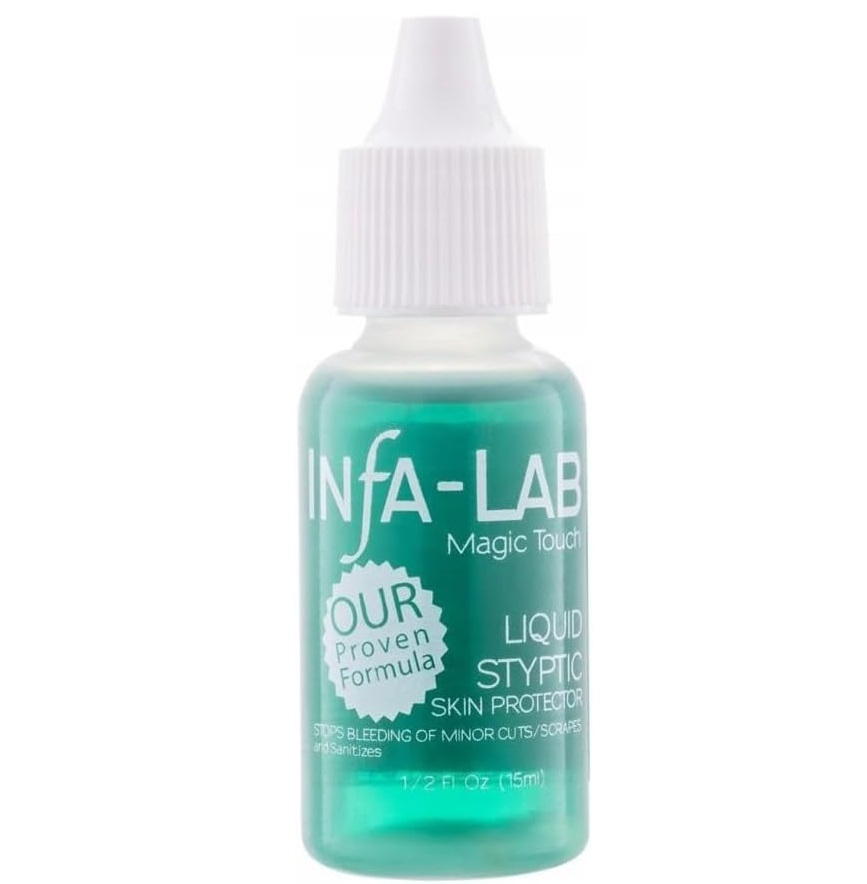 Infa-Lab Magic Touch Protetor Líquido de Pele Frasco pequeno de plástico com líquido verde e tampa branca contendo produto INFA-LAB