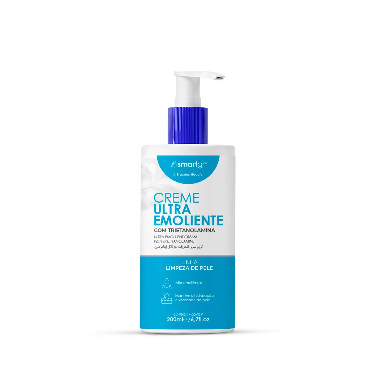 Frasco de creme ultra emoliente Smartgr com doseador e rótulo azul e branco