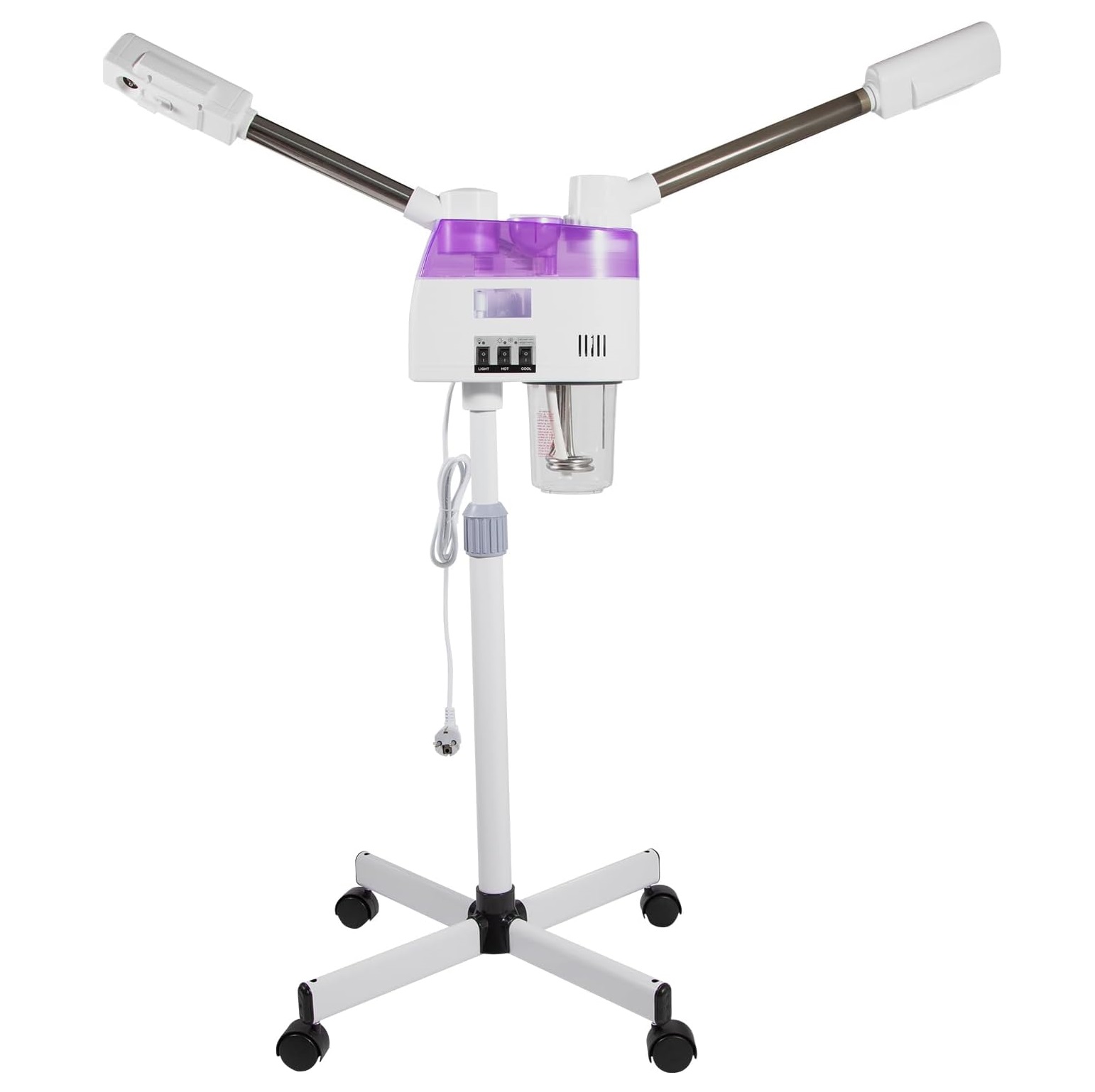 Vaporizador Duplo 3 em 1 Ozono faz Quente e Frio Aparelho facial de vapor branco com base de rodas e detalhes roxos