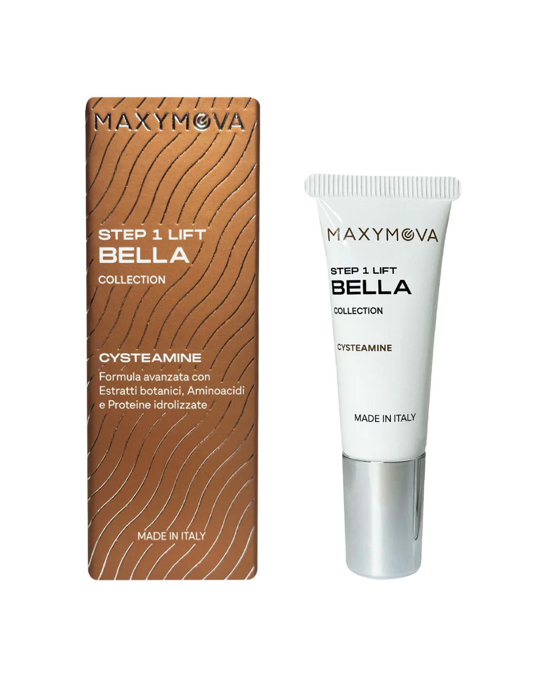 Maxymova Step 1 Bella Cysteamine 10 ml para Lash e Brow Embalagem castanha com creme para rosto branco MAXYMOVA Step 1 Lift Bella Collection Cysteamine.
