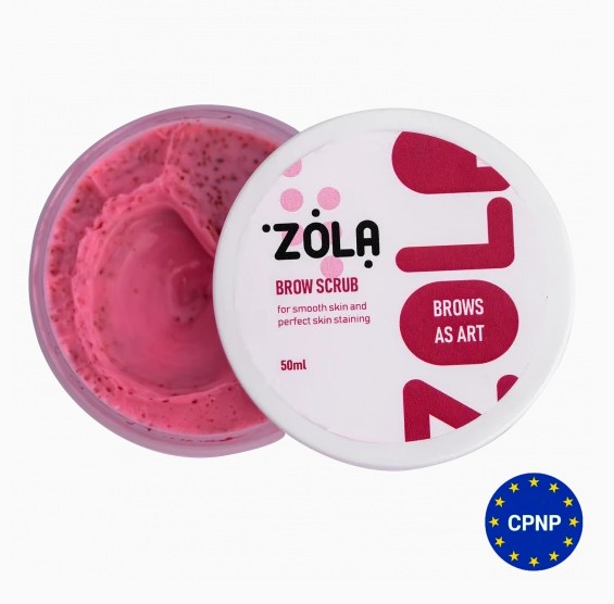 ZOLA Eyebrow Scrub Mini 50 ml - Esfoliação de Sobrancelhas Frasco aberto de esfoliante cor-de-rosa para sobrancelhas ZOLA com tampa branca