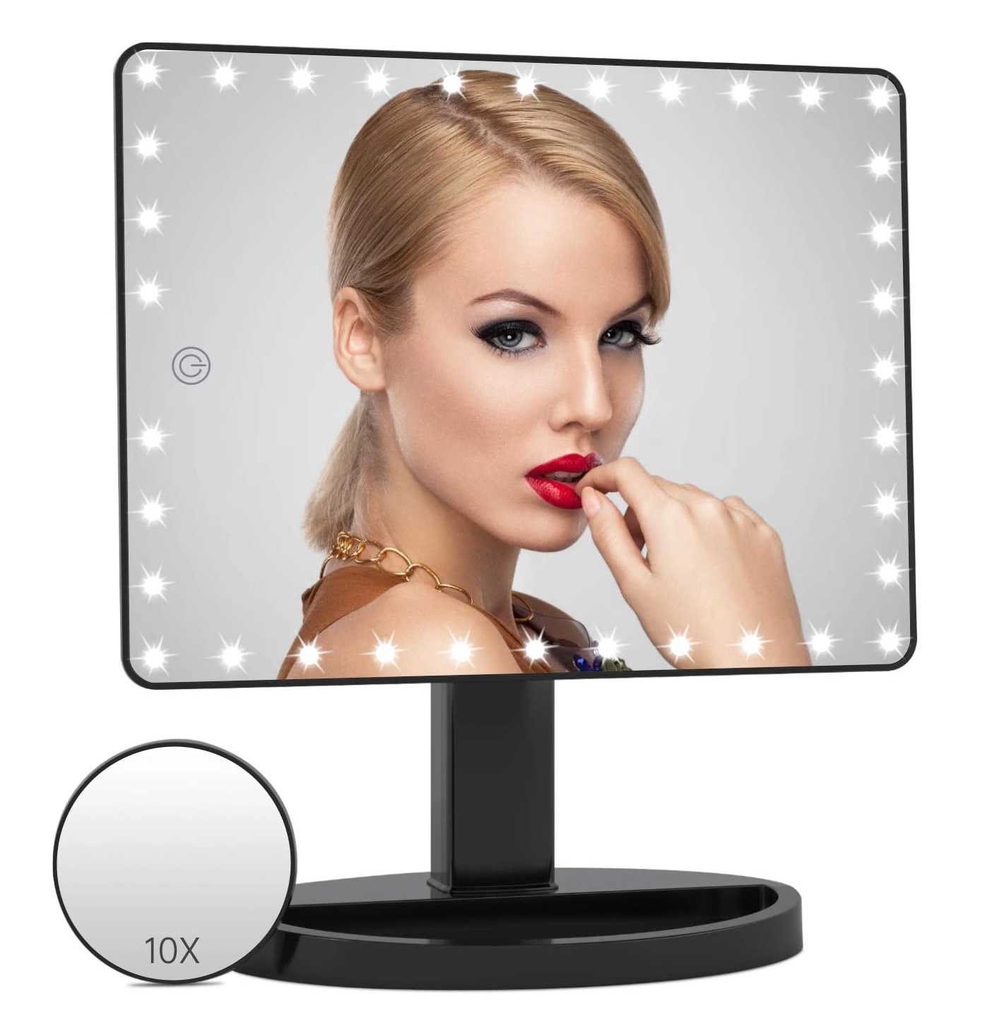 Espelho de Mesa XL LED Ecrã Tátil 360° Ajustável Branco ou Preto Espelho de maquilhagem retangular com luzes LED e lente de aumento 10X