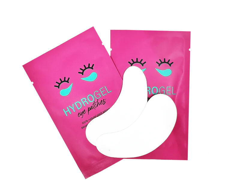 Noemi Hydrogel Pads - Patches para Pestanas, 50 Pares Pacotes rosa de Hydrogel eye patches com formas de hidrogel brancas à frente