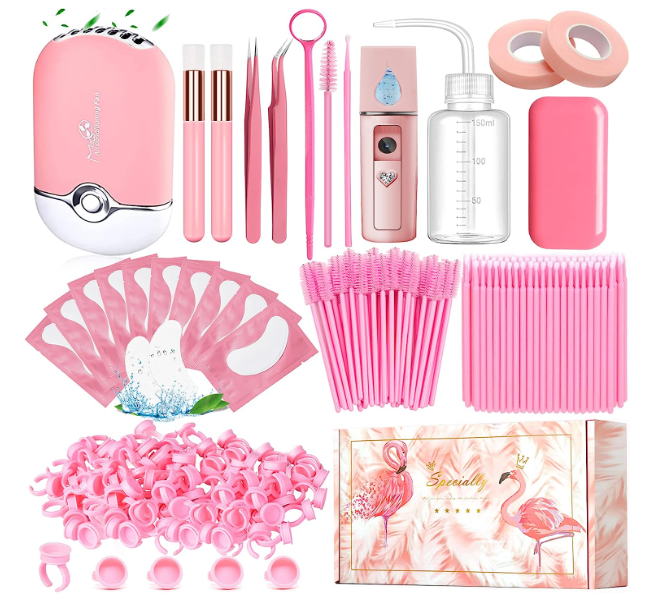 Kit Lash Extensão Pestanas Eyelash + Acessórios Kit de ferramentas de beleza em rosa com acessórios variados e caixa decorativa com flamingos