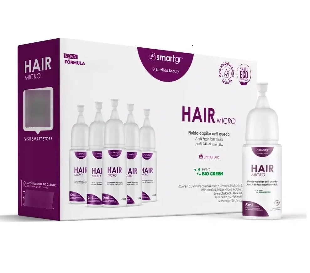 Kit 5 Ativos de Terapia Capilar – Hair Micro Smart GR (5 × 5 ml) Fluidos capilares anti queda HAIR MICRO da smartgr em caixa branca e roxa com cinco frascos