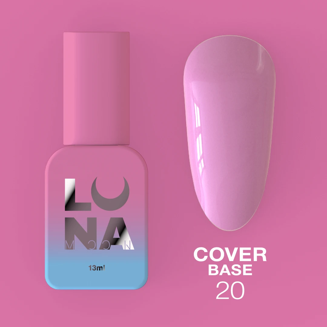 Cover Base Nº20 – Base Camuflagem Rosa Claro Nude – 13 ml LUNAmoon Verniz de unhas LUNA rosa com frasco e amostra da cor
