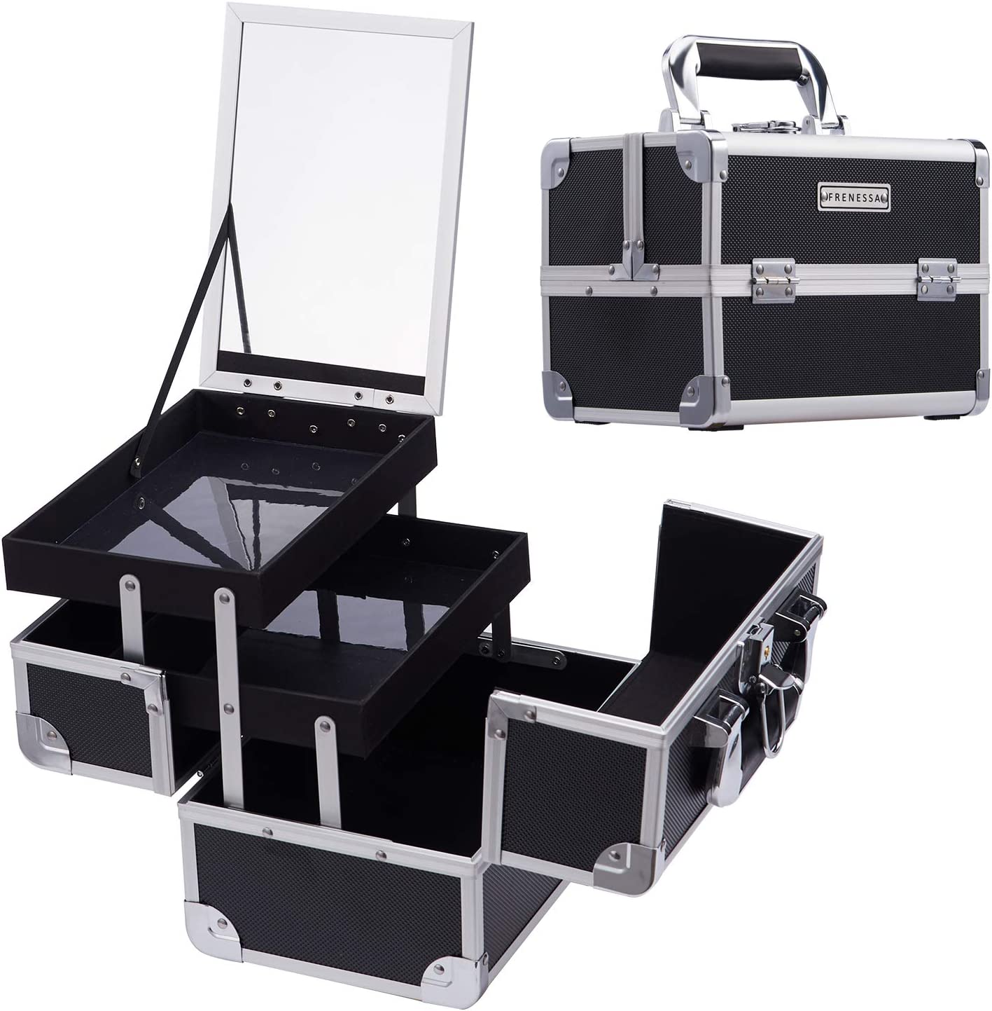 Mala Maquilhagem Profissional Preta com Espelho Mala de maquilhagem preta aberta, com espelho e compartimentos visíveis