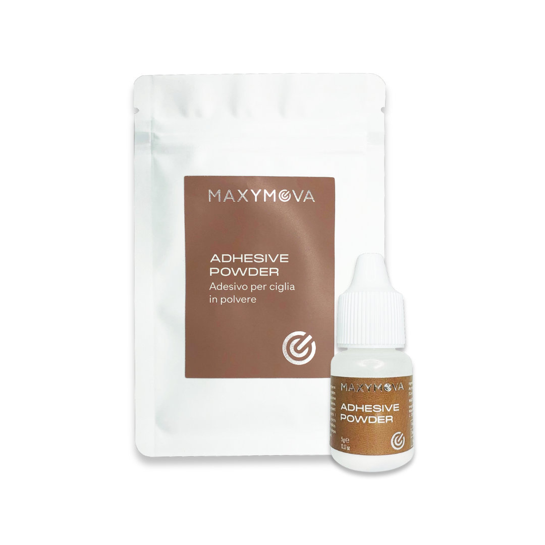 Maxymova Adhesive Powder, Pó Adesivo para Lifting 5 g Conjunto de adesivo em pó Maxymova para pestanas em embalagens branca e castanha