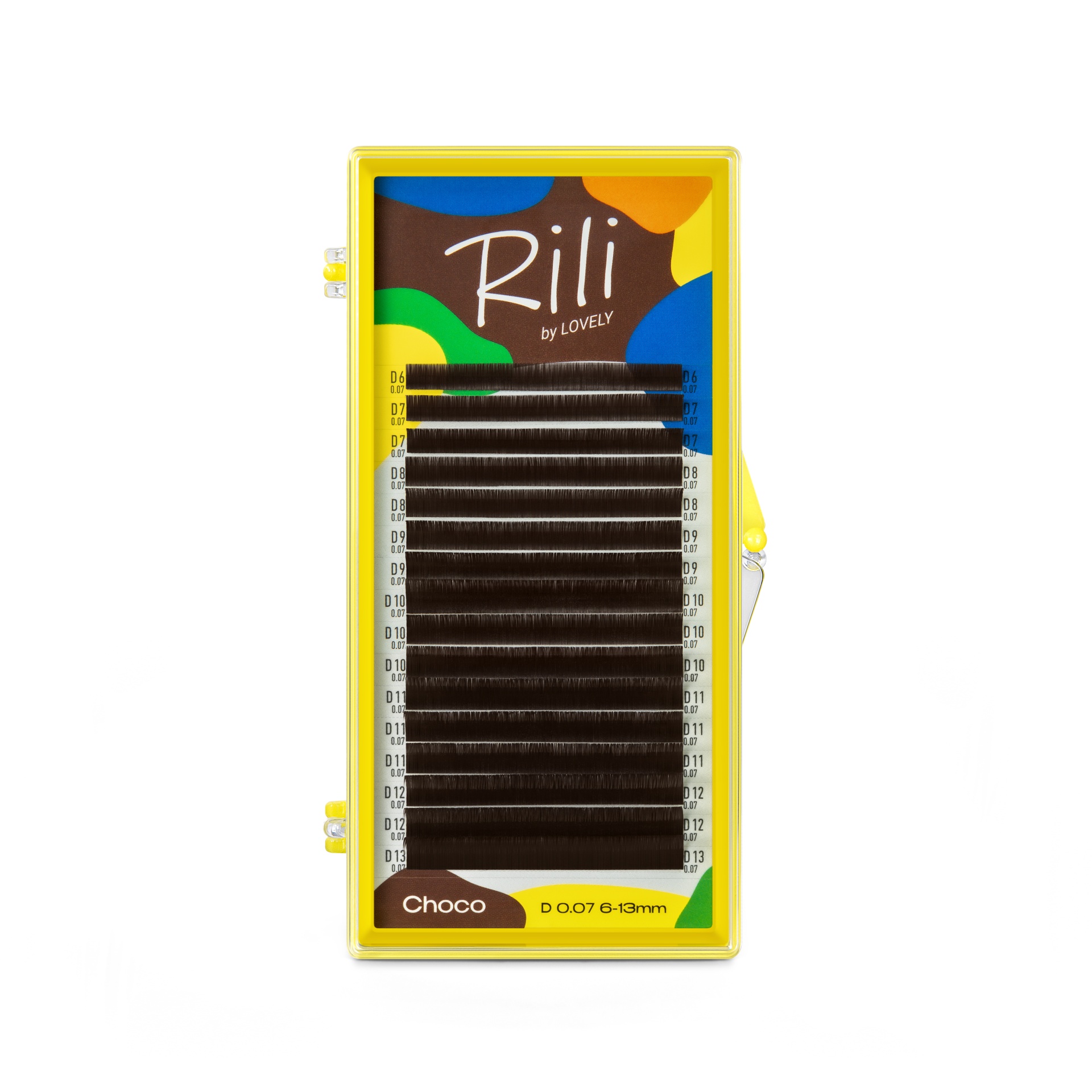 Rili Choco Mix L 0.10 8-15mm - Castanho Escuro 16 Linhas Estojo amarelo com pestanas sintéticas pretas e texto Rili by LOVELY e Choco