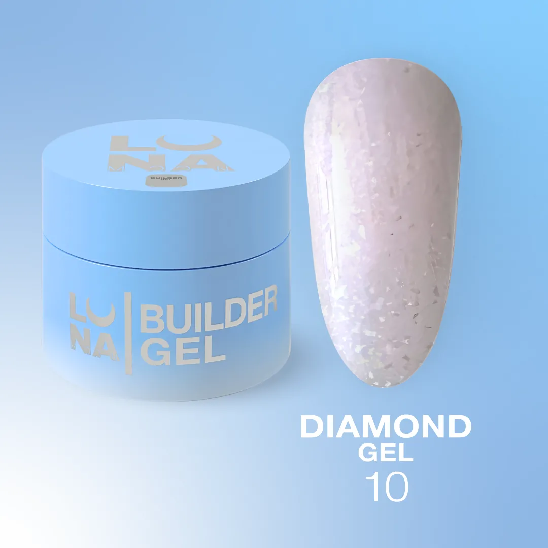 Diamond Gel Nº10 – Gel Construção Pêssego-Claro Glitter – 15 ml LUNAmoon Frasco azul de gel para unhas e unha postiça com gel brilhante