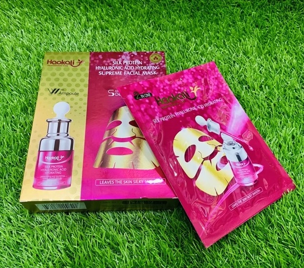 Máscara Proteína da Seda Ácido Hialurónico Hidratante 10 und Máscara facial hidratante Silk Protein Hyaluronic Acid Supreme Facial Mask Haokou em embalagem dourada e rosa