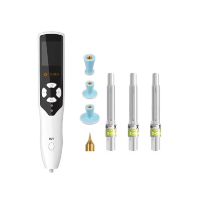 Conjunto caneta elétrica branca com visor e botões, peças metálicas, pontas azuis e dourada