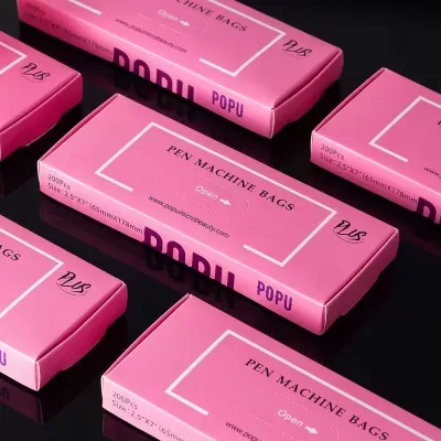 Caixas rosas de embalagens para caneta de máquina com texto e dimensões impressas