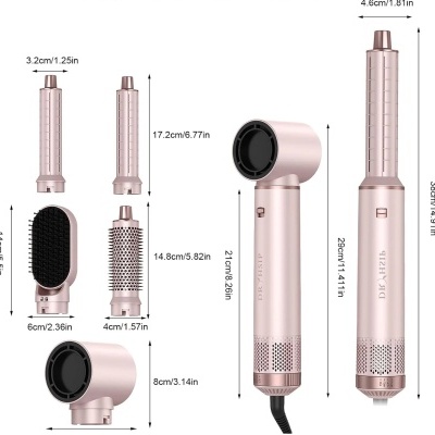 Aparelho de cabelo rosa com acessórios cilíndricos e escovas, medidas indicadas