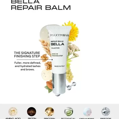 Tubo branco e prateado de bálsamo Bella Repair Balm em fundo branco com textos e ícones de ingredientes