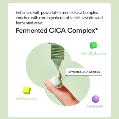 Imagem promocional de produto cosmético com foco no Fermented CICA Complex e ingredientes Centella Asiatica.
