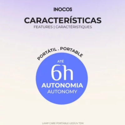 Texto da marca INOCOS com características do produto e destaque para autonomia de até 6h.