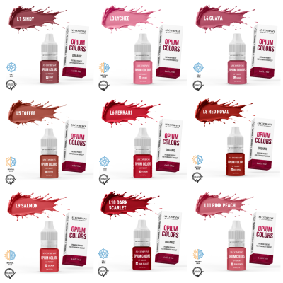 Nove pigmentos para lábios Opium Colors da AS COMPANY, várias cores com embalagens brancas e detalhes bordô.