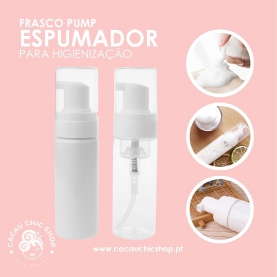 Frascos pump espumadores para higienização com fundo rosa e texto promocional