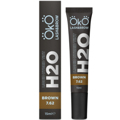 Embalagem e tubo do produto ÖKÖ LASH&BROW H20 castanho 15ml.